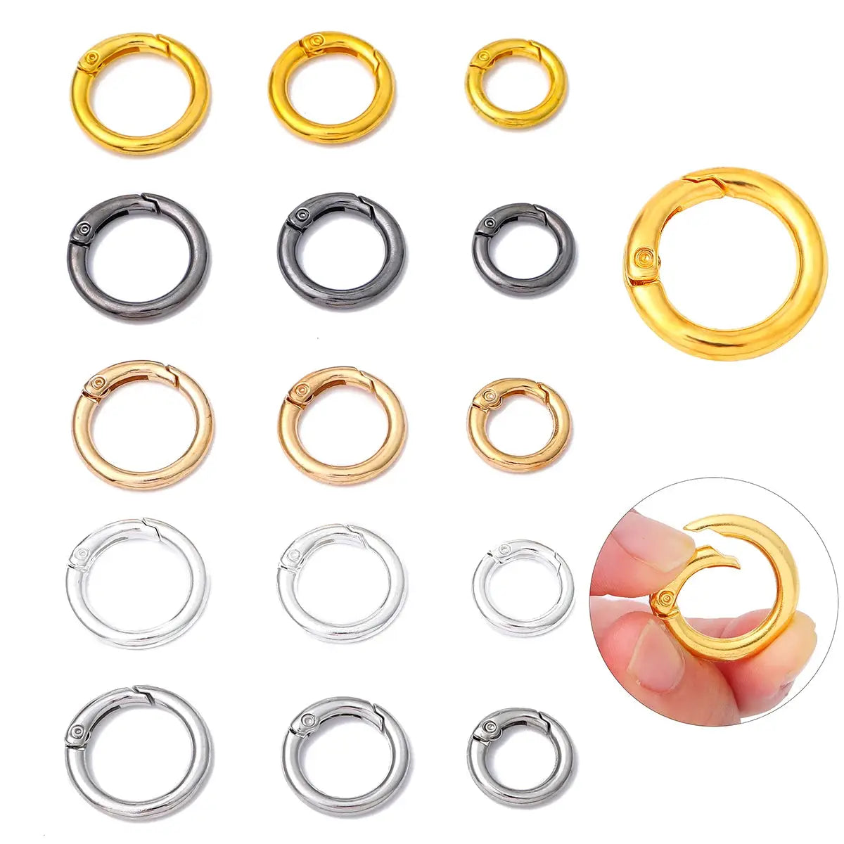 Alloy open spring ring buckle set, 10 pcs by Simples Market, assorted gold, silver and gunmetal rings