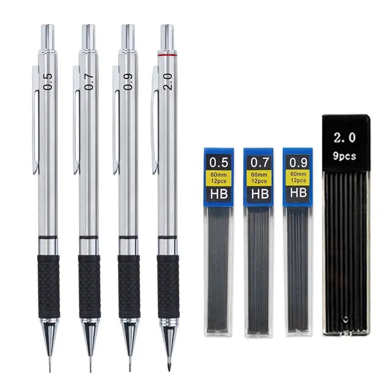 Simples Market metal mechanical pencil set with 4 silver pencils (0.5/0.7/0.9/2.0mm) and HB leads plus 9pc 2.0mm lead case