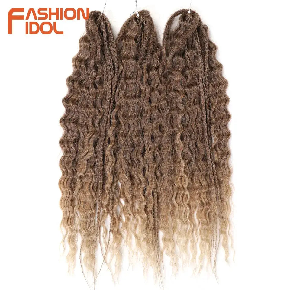 Ariel Hair synthetic twist crochet curls; five bundles, 24in water-wave, ombre brown to blonde, Fashion Idol logo.