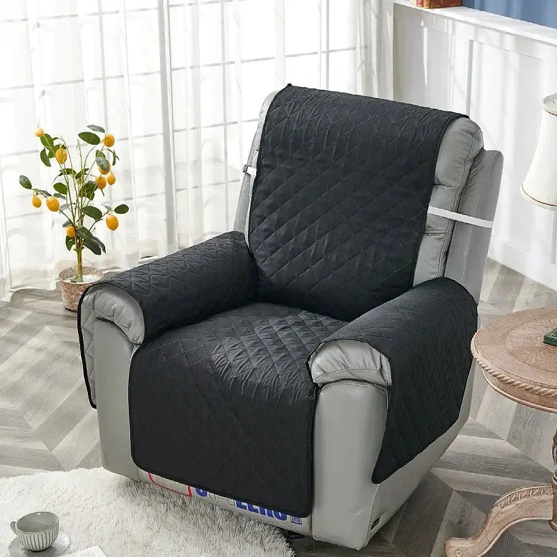 Anti-slip recliner chair cover in black quilted fabric for living room by Simples Market.