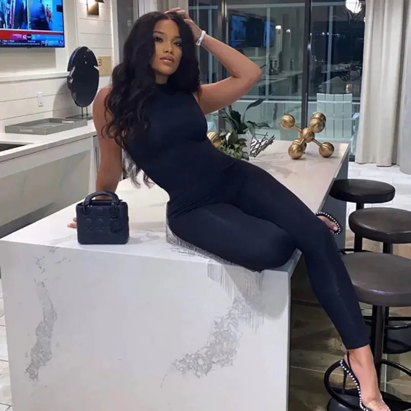Pencil jumpsuit for women, black sleeveless slim-fit playsuit, casual activewear