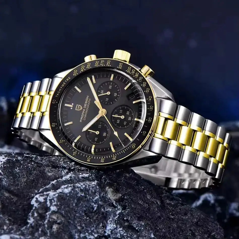 PAGANI DESIGN PD1701 luxury men's watch with gold and silver stainless steel bracelet, black dial, chronograph, tachymeter bezel.