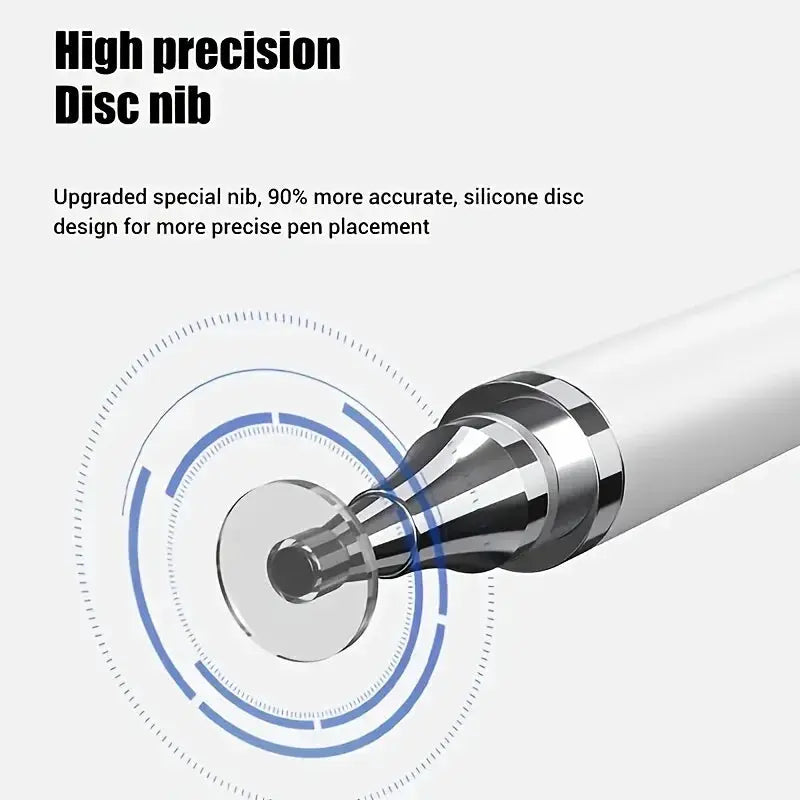 Universal stylus pen with silver disc nib for touch screens, compatible with Android, iPhone and iPad.