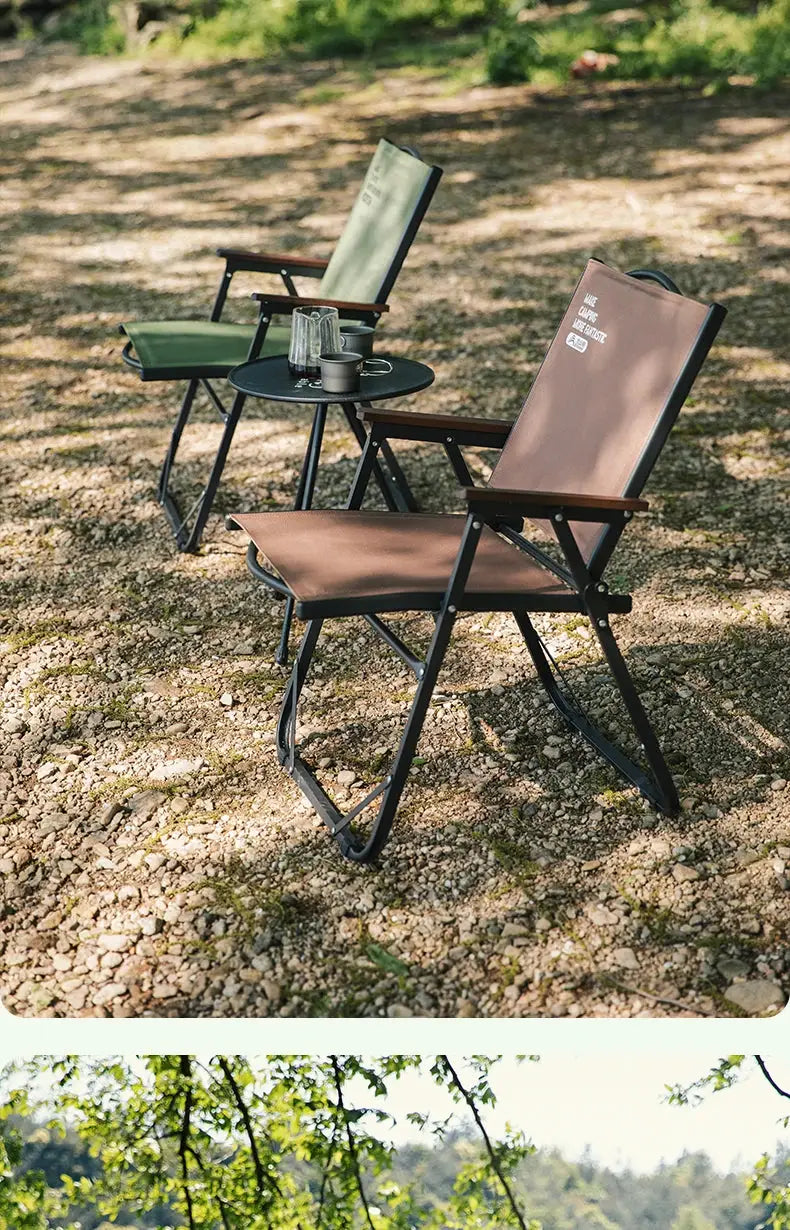 BISINNA outdoor folding camping chairs set with three lounge chairs in brown and beige around a round table.