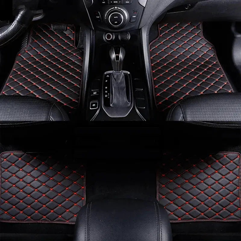 Simples Market car floor mats 4-piece set, universal PU leather waterproof, black with red diamond stitching for front and rear