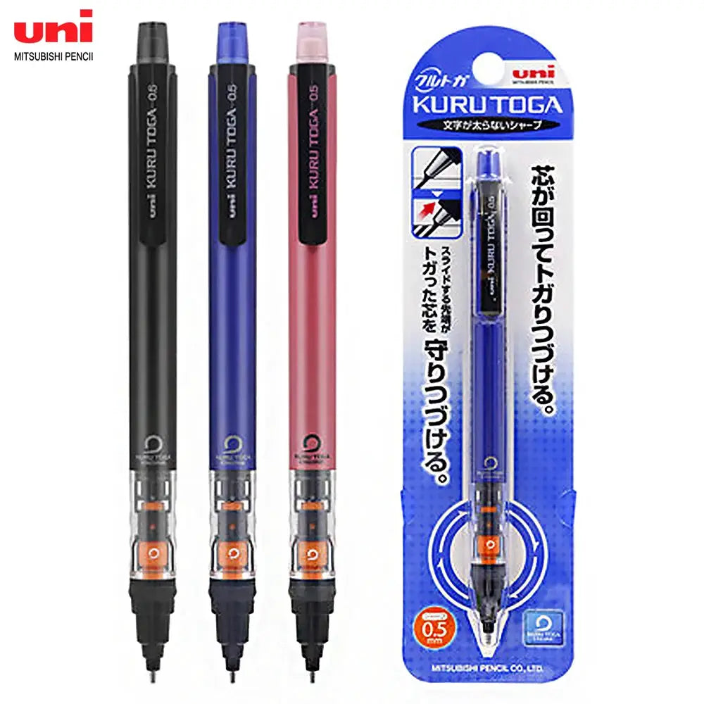 Three UNI Kurutoga M5-452 mechanical pencils in black, blue, and pink with 0.5mm rotating lead