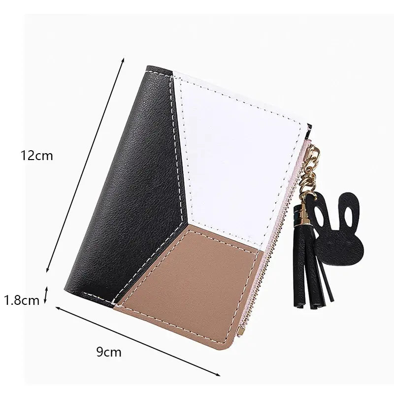 Simples Market fashion wallet coin purse in black white and beige PU leather with zipper and bunny tassel charm