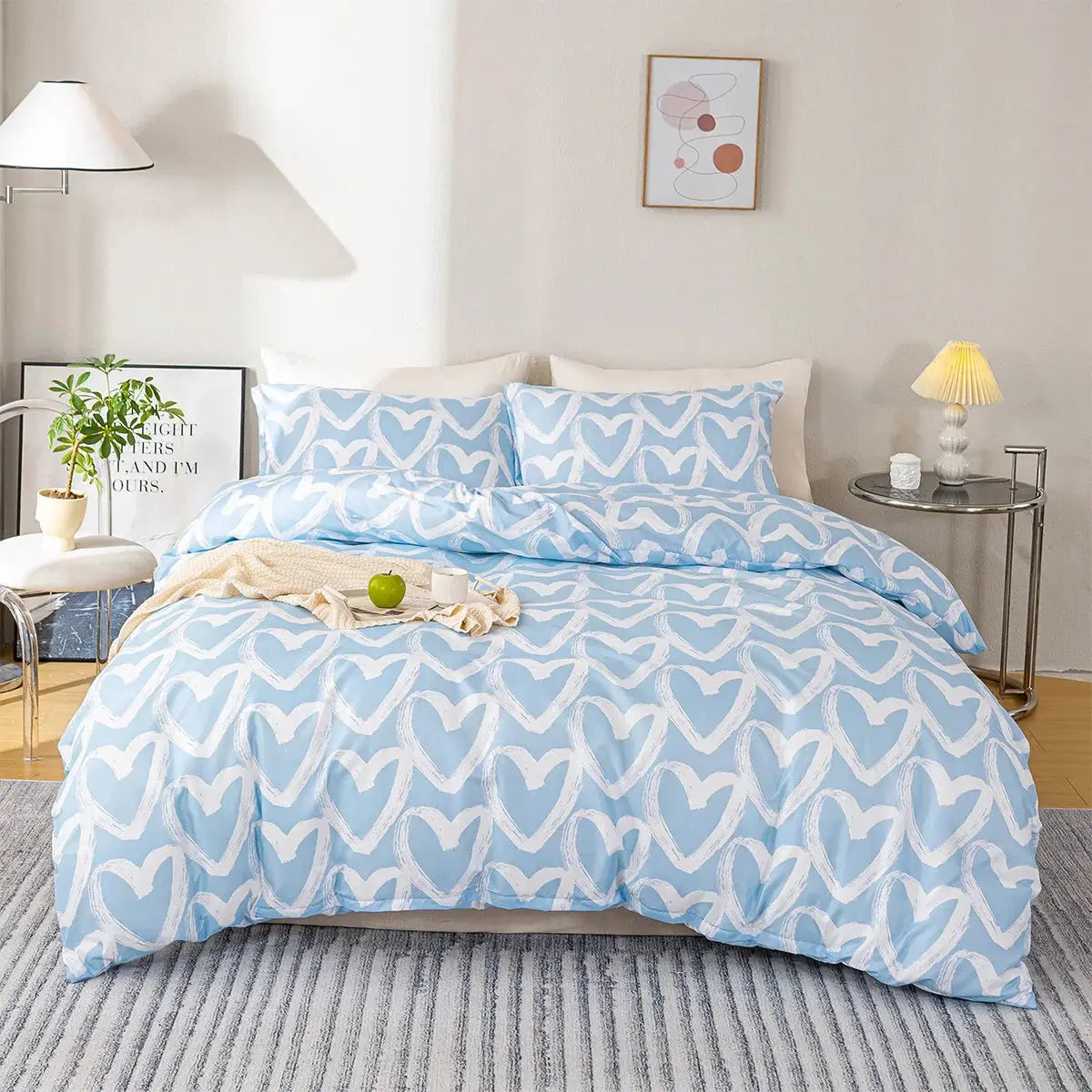 3-piece heart-print duvet cover set in blue and gray with white hearts; includes duvet cover and two pillowcases