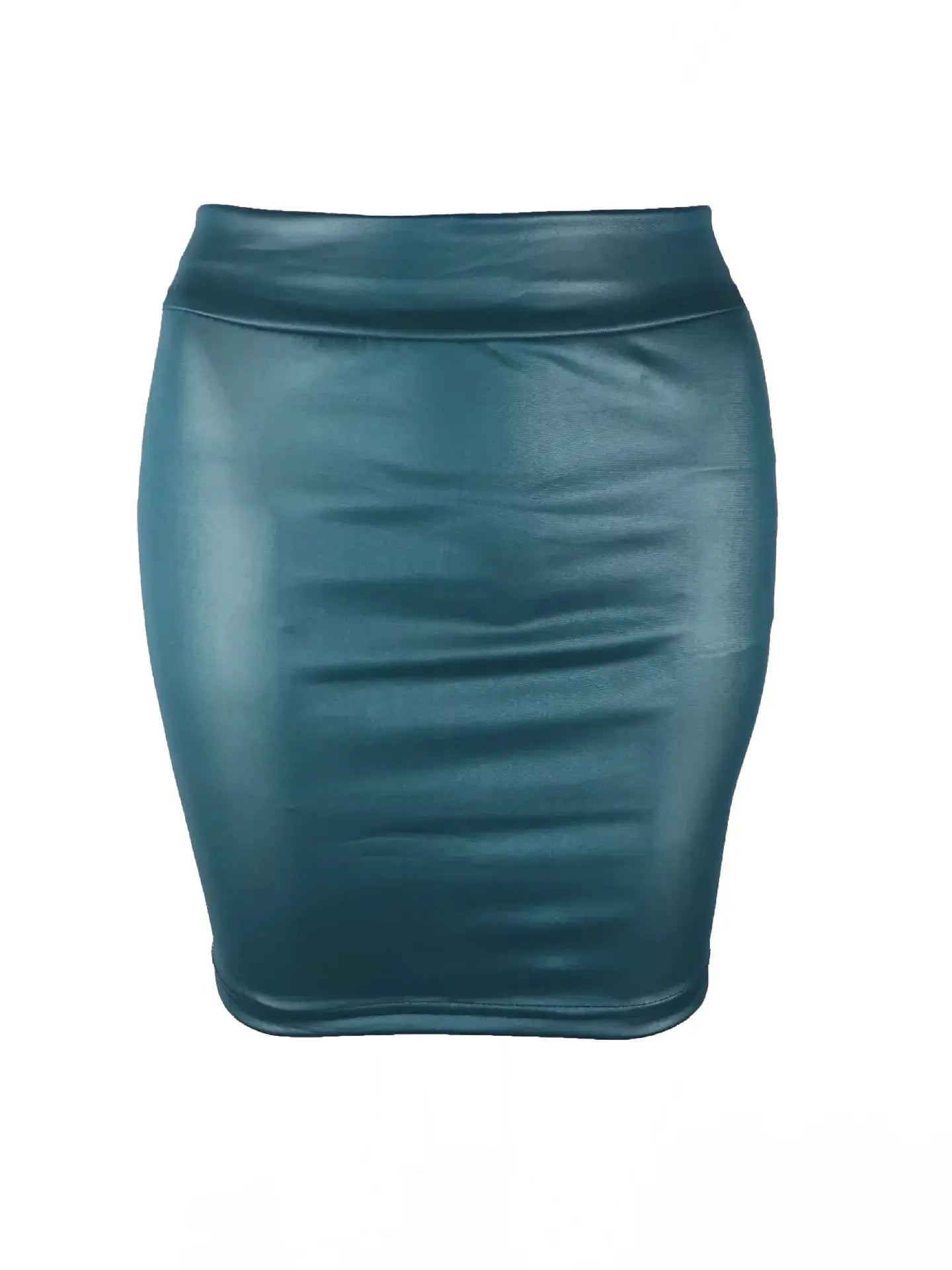 Teal leather-matte mini skirt, high-waist, PU fabric for clubwear