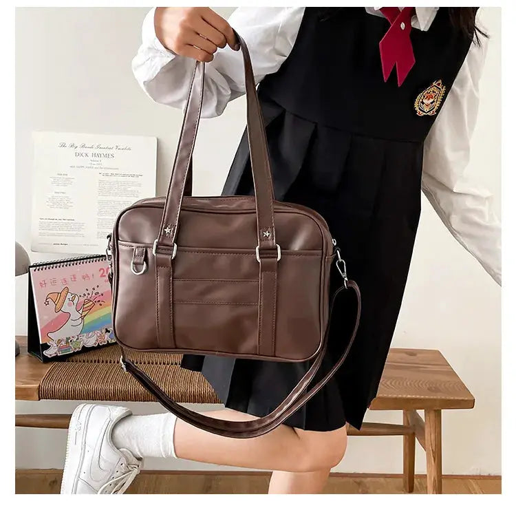 Japanese Style JK Bag in brown PU leather with dual top handles and removable crossbody strap