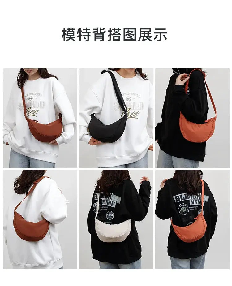 Nylon crossbody bag, crescent dumpling style, unisex; large capacity, 6 color options.