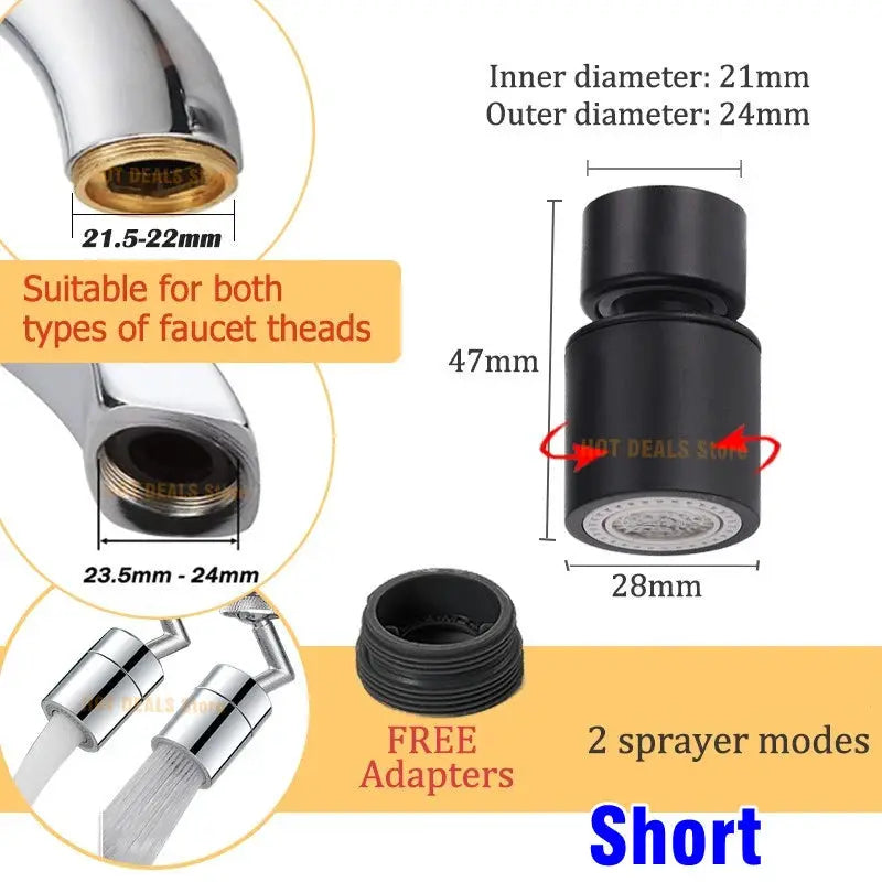 Simples Market dual-function faucet aerator, 360-degree swivel, black body, chrome adapters, 2 spray modes