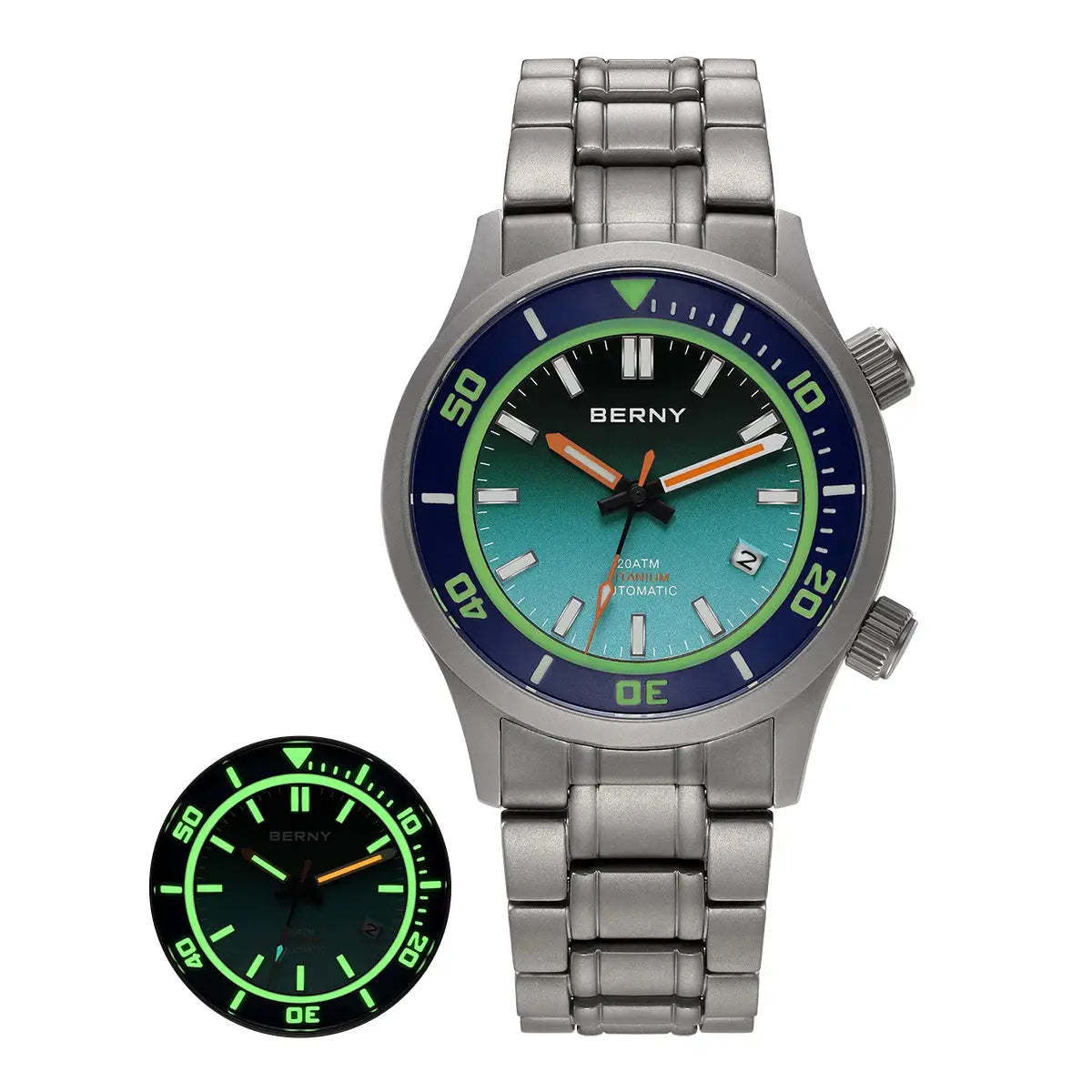 BERNY titanium automatic diver watch for men on steel bracelet; blue-green gradient dial with luminous glow (2 watches)
