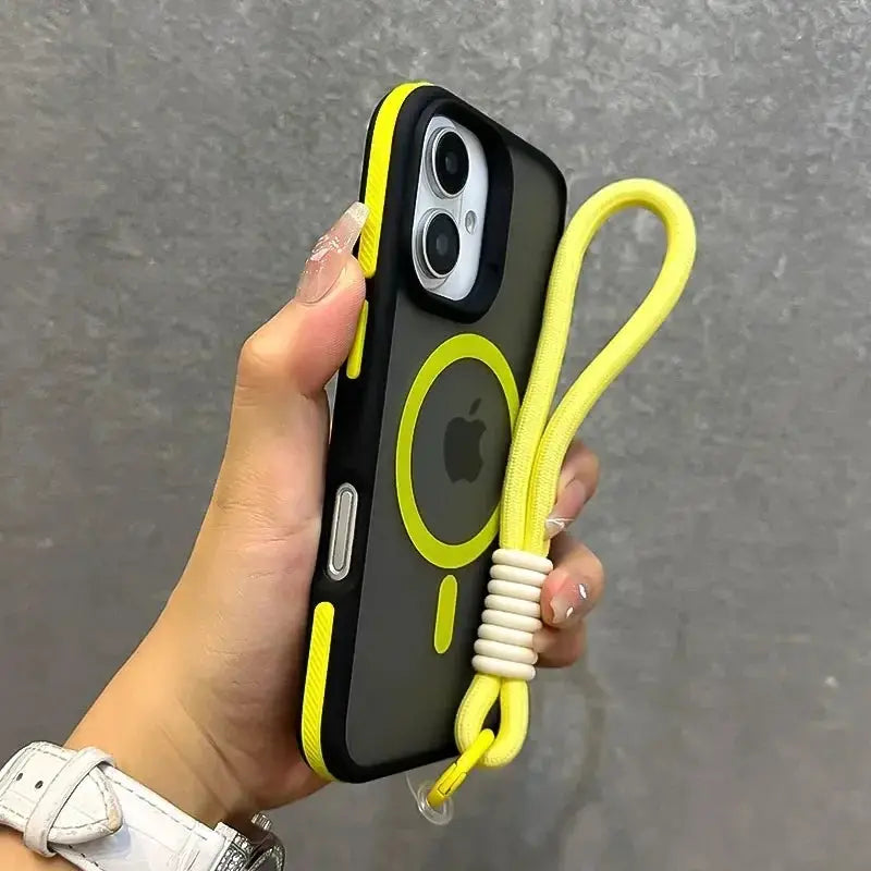 Simples Market MagSafe double-color wrist strap phone case with neon-yellow lanyard for iPhone, matte shockproof cover