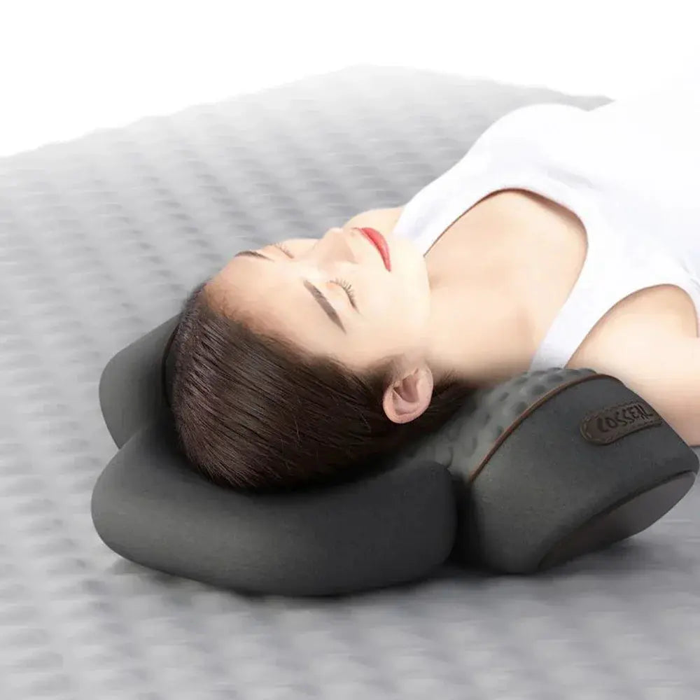 Electric neck massager pillow in dark gray with cervical support, heating and vibration massage