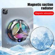 X42 tablet cooling fan with magnetic radiator and rainbow LED circular cooler on a tablet