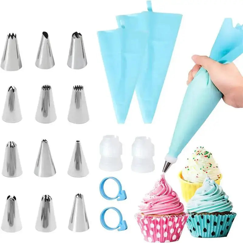 Silicone Piping Bags And Tips Set For Cake Decorating Reusable Pastry Tool With Stainless Steel Nozzles
