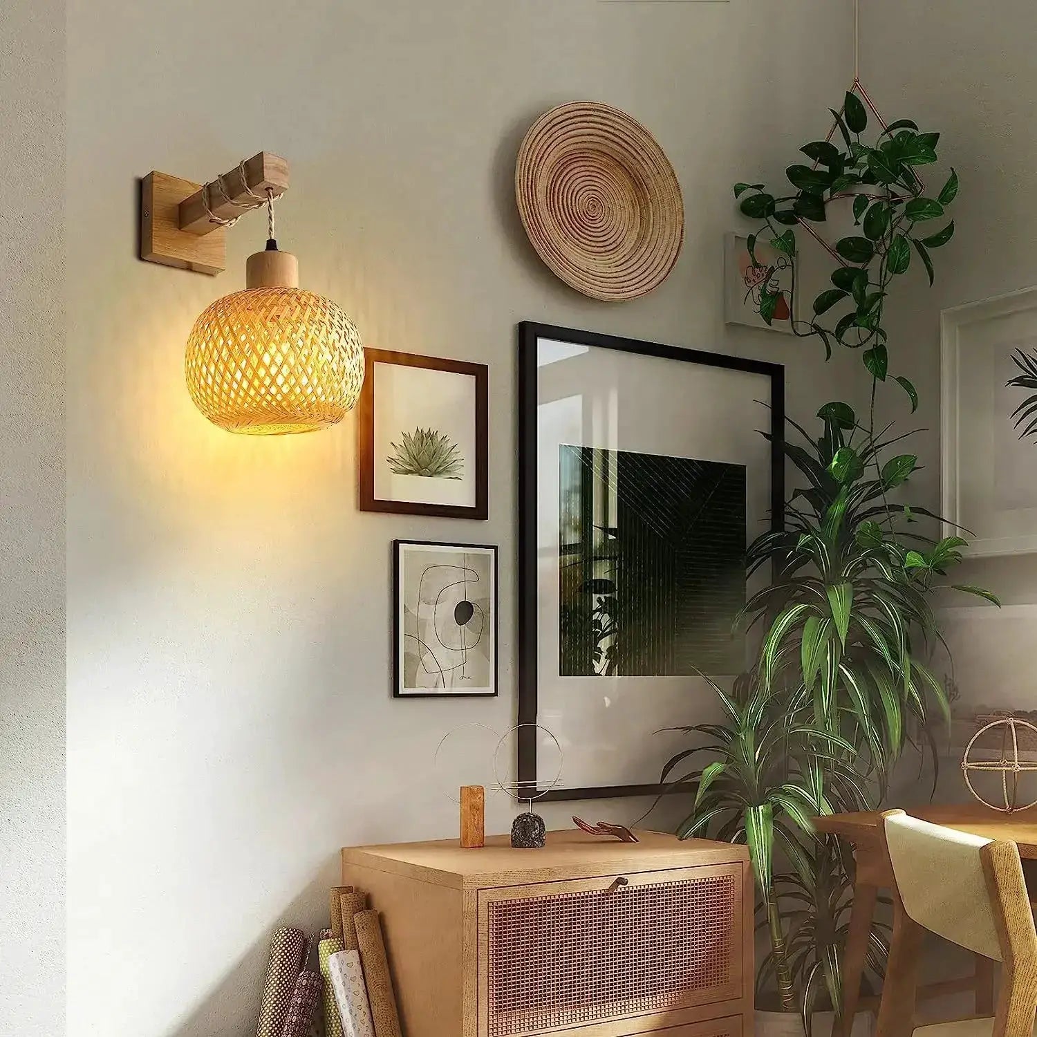 Natural bamboo lantern wall lamp with hand-woven wicker shade, wall-mounted decor lighting