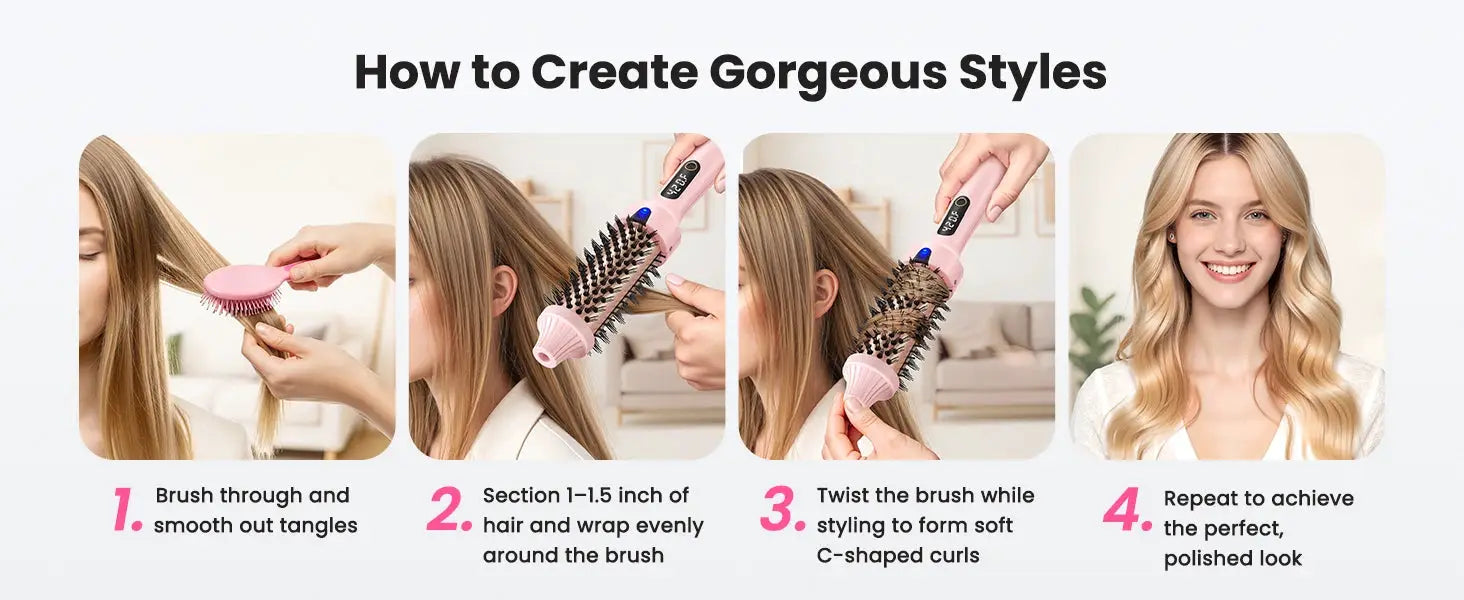 Simples Market pink 1.5-inch heated round brush for blowouts, four-step styling guide infographic