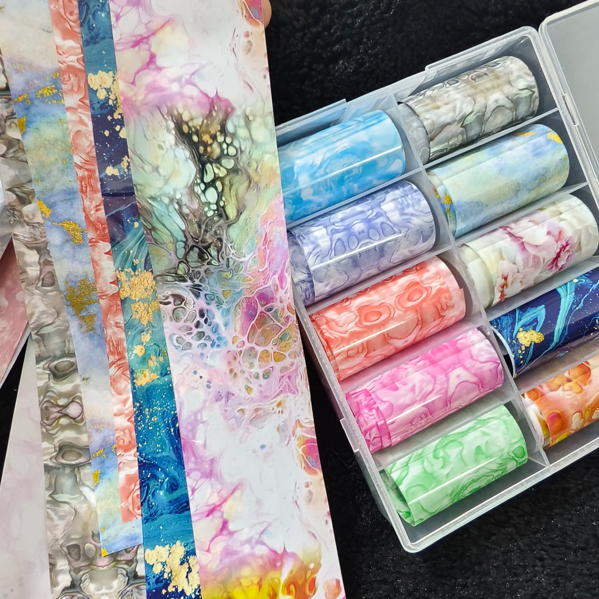 Nail foil transfer papers set, 10 rolls in marble floral plaid designs; assorted colors, Simples Market.