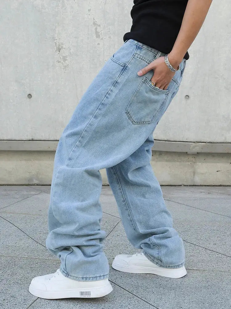 Simples Market men's baggy light-blue denim jeans, oversized straight-leg streetwear pants