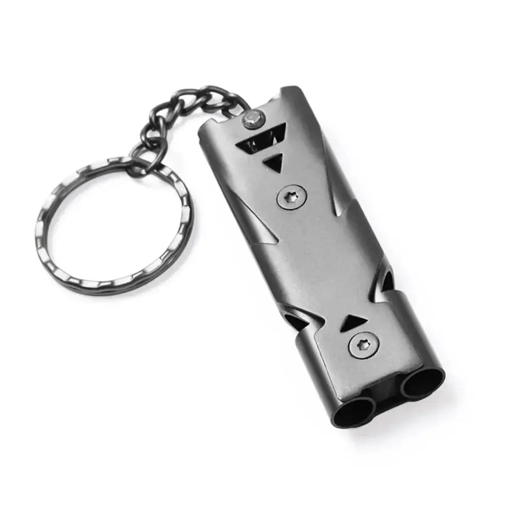 Simples Market double pipe whistle pendant keychain with ring in silver metal, high-decibel outdoor survival tool