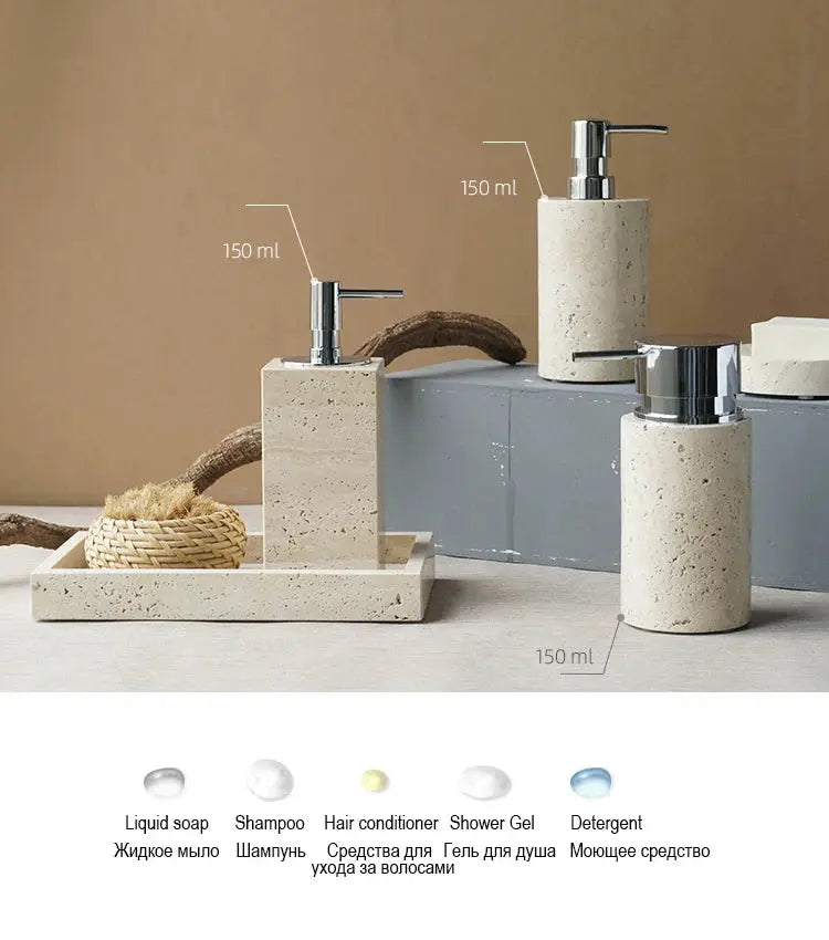 Simples Market beige travertine bathroom set with 150 ml dispensers, soap dish, reed diffuser, vanity tray