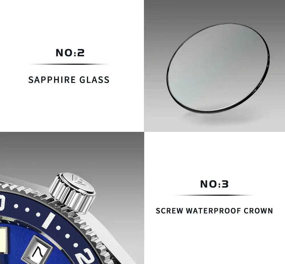 CADISEN 38mm Diver Mens Watch with blue dial, sapphire glass, automatic movement, 100m waterproof