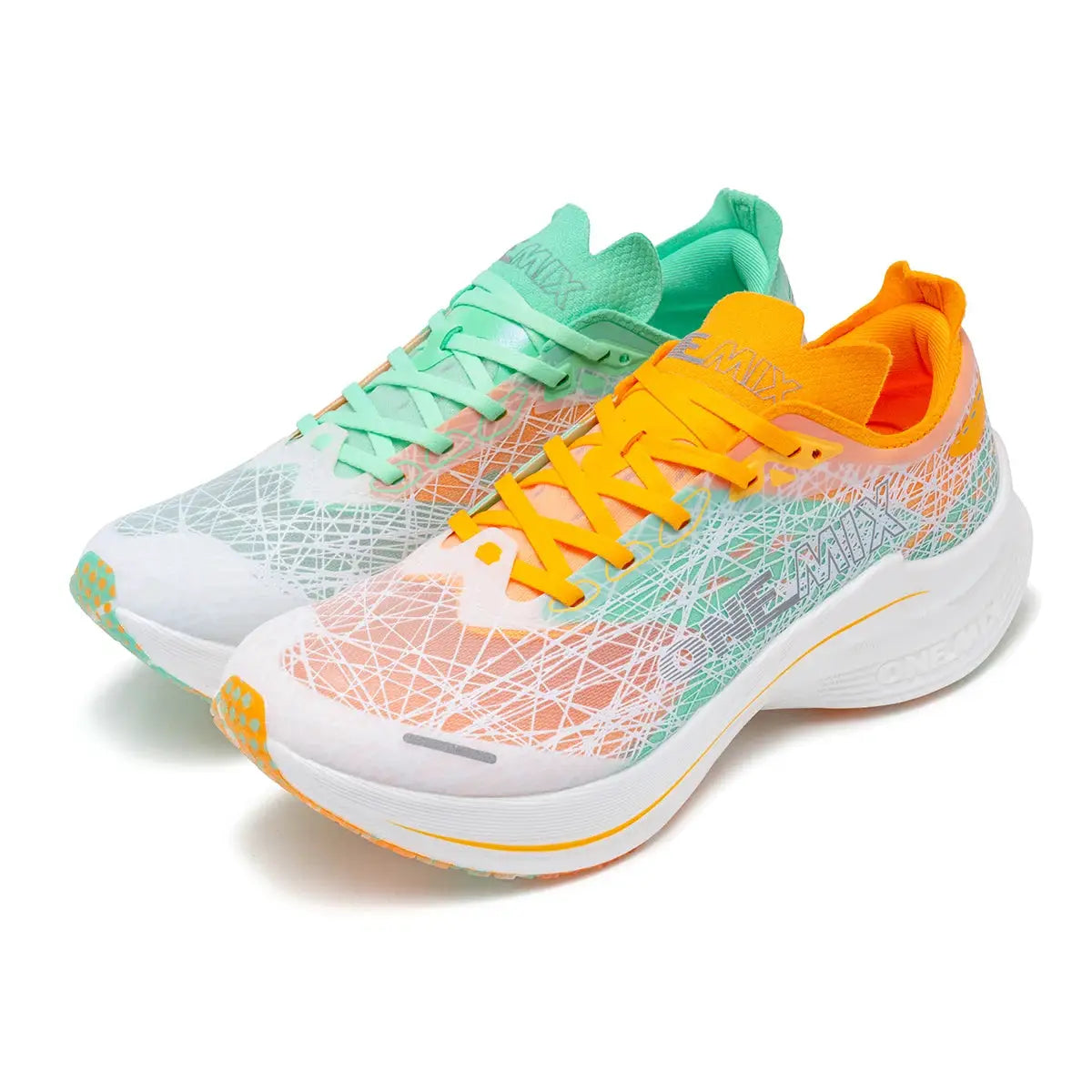 ONEMIX Marathon carbon plate running shoes pair in mint green and bright orange with white sole.