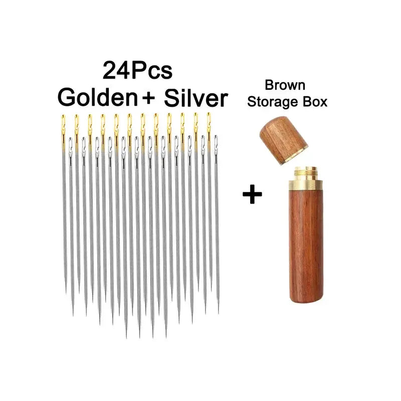 24pc stainless steel sewing needle set with gold and silver finishes and brown storage box by Simples Market