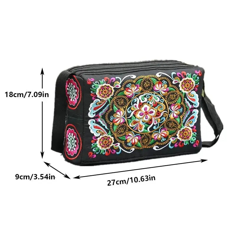 Women's embroidered flowers nylon crossbody bag by Simples Market; black with colorful embroidery, large capacity.