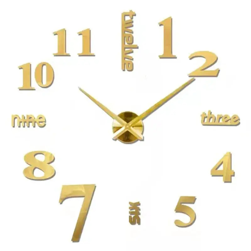 Large gold 3D wall clock by Simples Market; acrylic mirror numbers, DIY quartz clock for living room decor