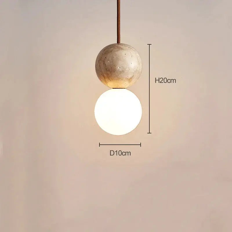 Led pendant light with stacked stone-cream top sphere and white globe, 20 cm tall, 10 cm diameter