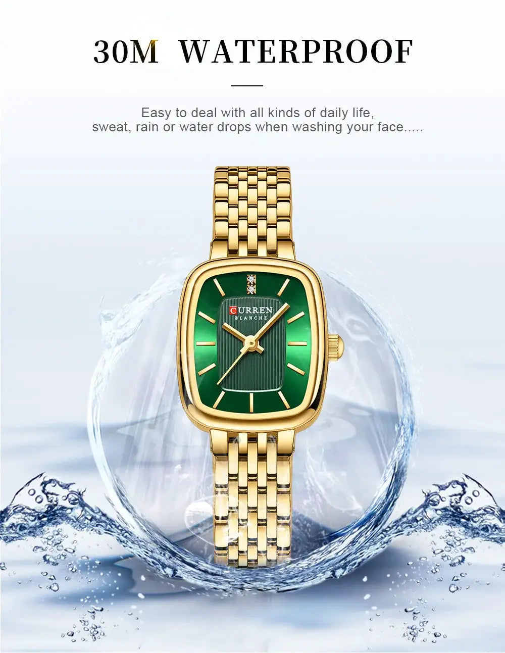 CURRN 9093 women's quartz watch with gold-tone stainless steel bracelet, green dial and diamond markers.