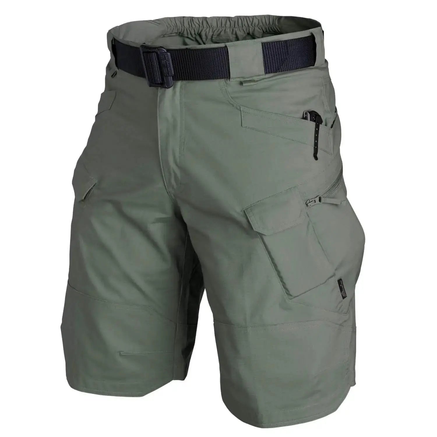 Men's olive green urban military cargo shorts with black belt and multiple utility pockets.