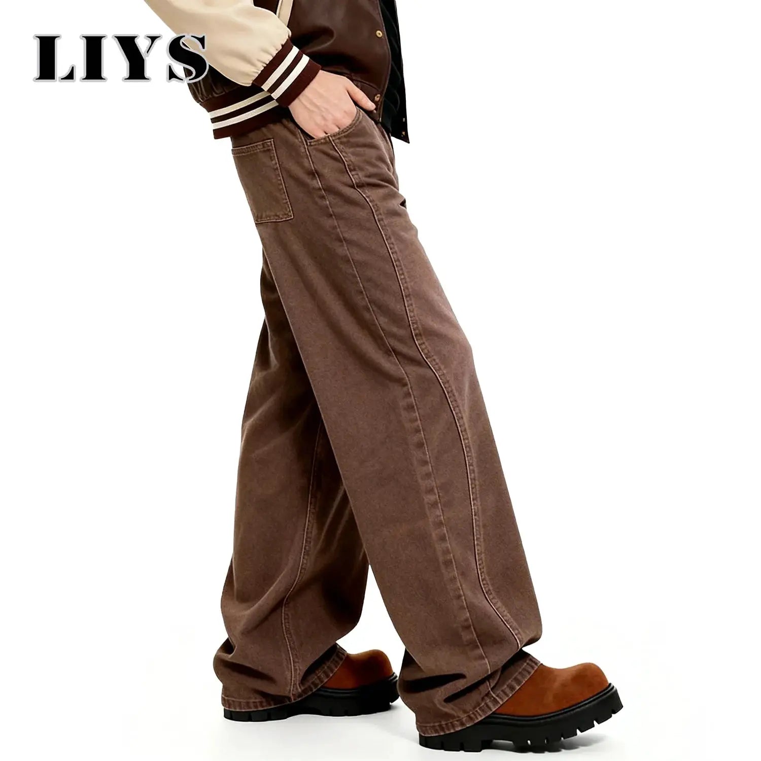 LIYS brown wide-leg denim pants for men, casual baggy jeans by Simples Market