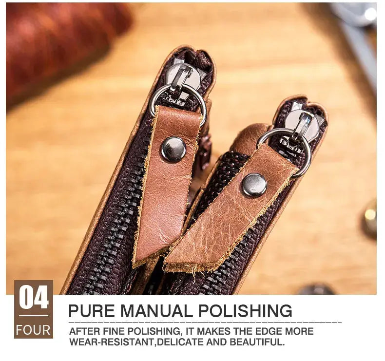 BullCaptain retro leather men's wallet with dual zippers and brown leather pull tabs