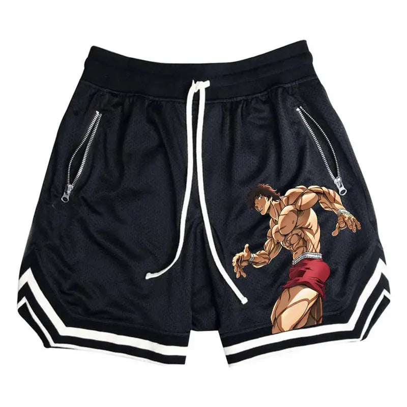 Men's black mesh basketball shorts with white drawstring, zip pockets, white trim, and muscular anime character print.