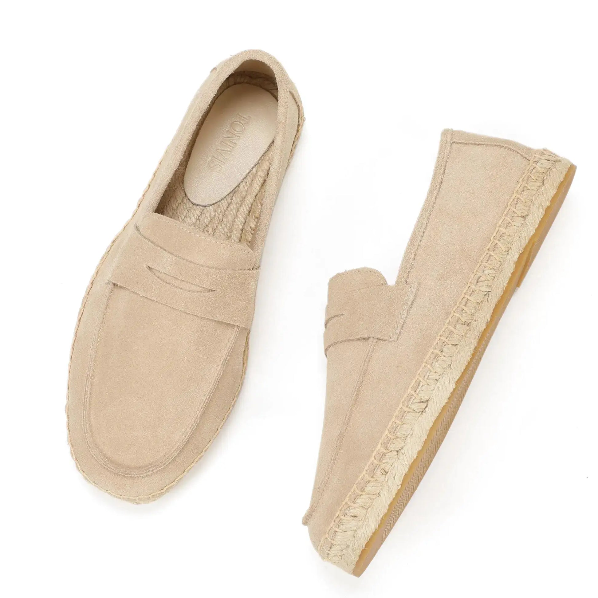 Pair of men's beige cow suede jute-sole espadrille loafers by Simples Market.