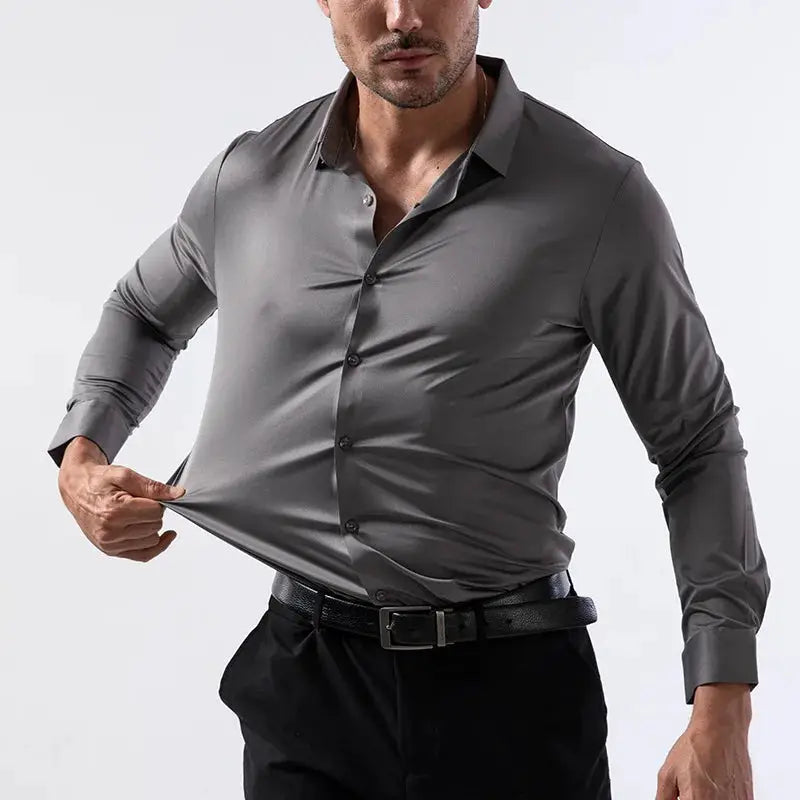 Simples Market men's high-elastic seamless long-sleeve shirt in gray, muscle-fit business casual