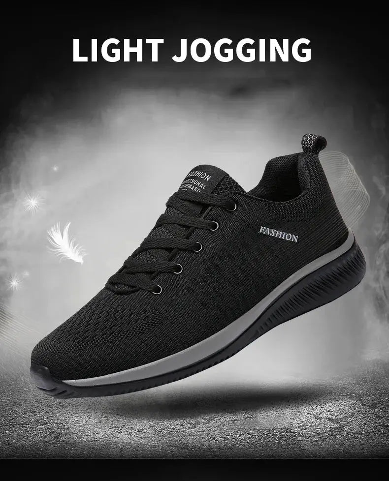 Men's black knit running shoes with breathable upper; lightweight casual sneakers.