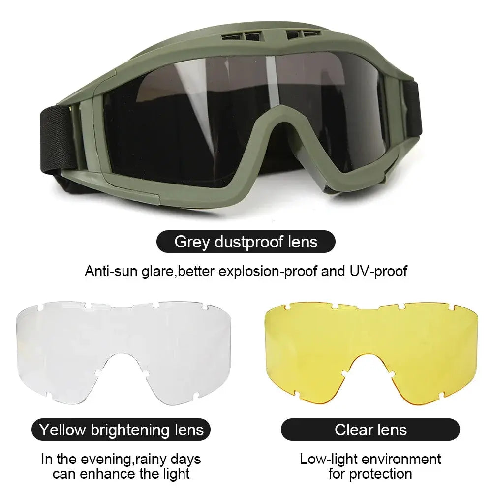 Airsoft tactical goggles with olive green frame and three lenses: grey dustproof, clear, and yellow brightening.