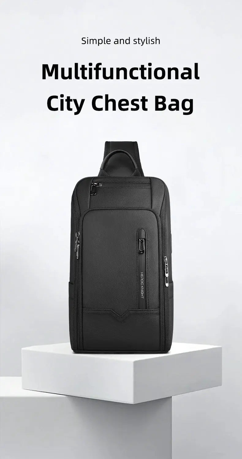 Multifunctional city chest bag for men in black with Oxford fabric and USB access, multiple pockets