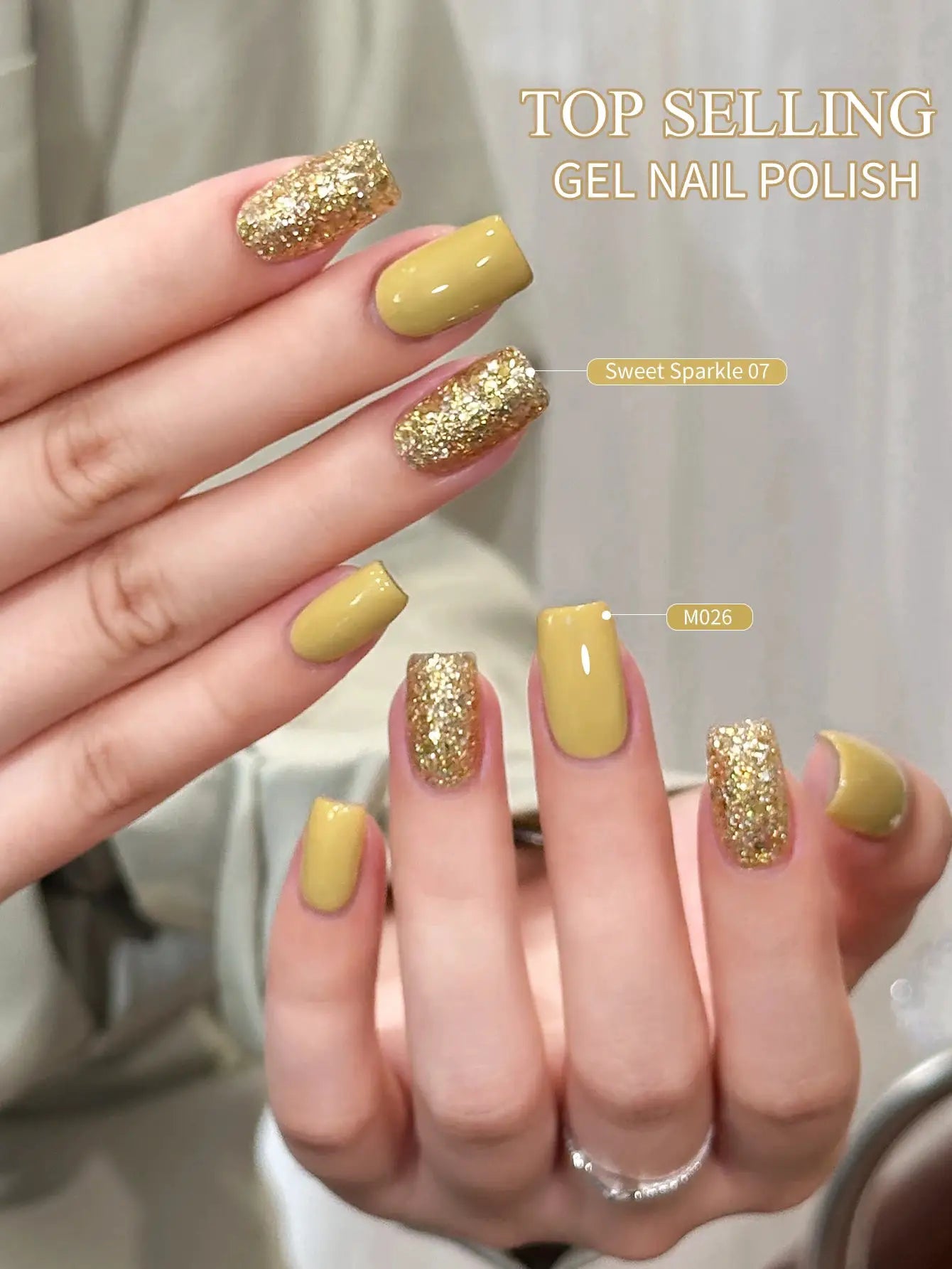 Nail art gel polish set by Simples Market with mustard-yellow solid color and gold glitter shades (2/16pcs)