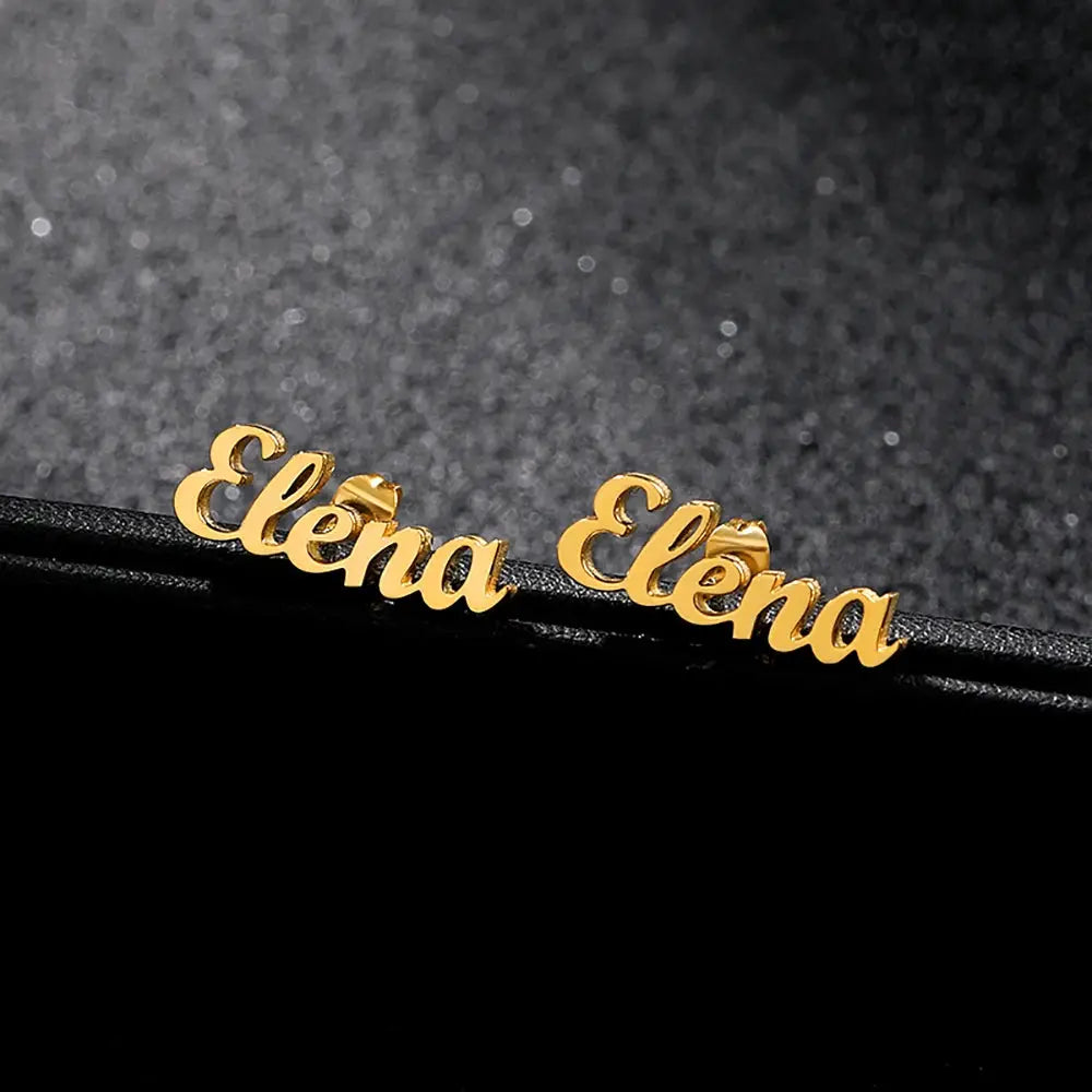Elena name stud earrings, gold-tone stainless steel pair by Simples Market