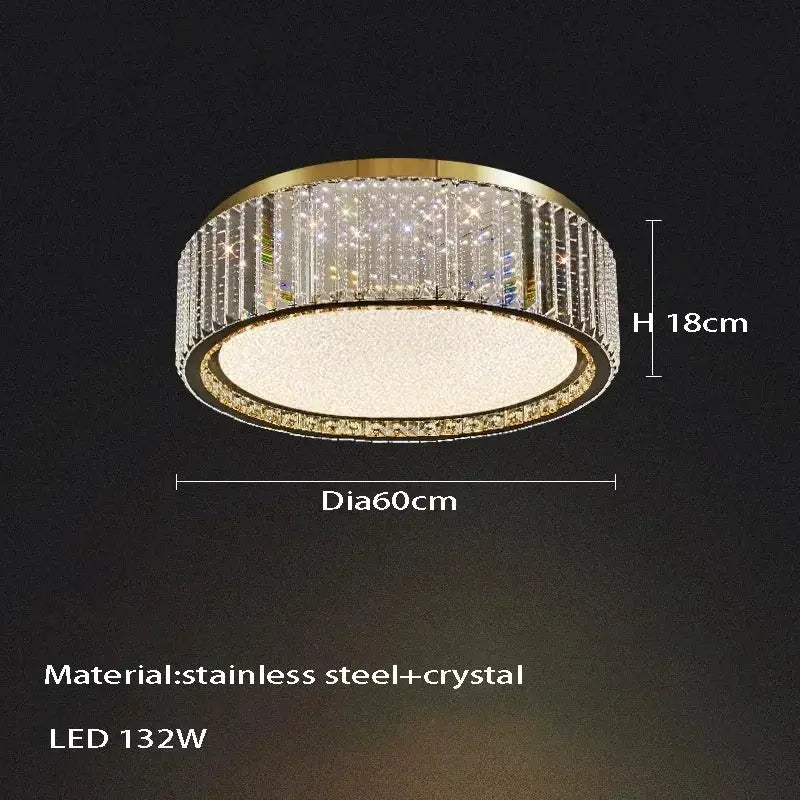 Light luxury crystal ceiling lamp with gold stainless steel frame and crystal strands, 60 cm dia, 18 cm high, LED 132W