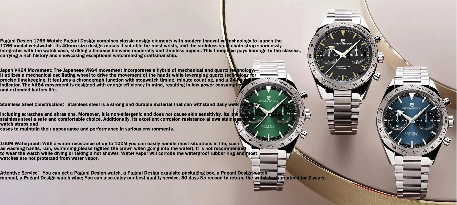 Pagani Design retro luxury quartz men's watches, stainless steel chronograph set (3) with green, black, and blue dials.