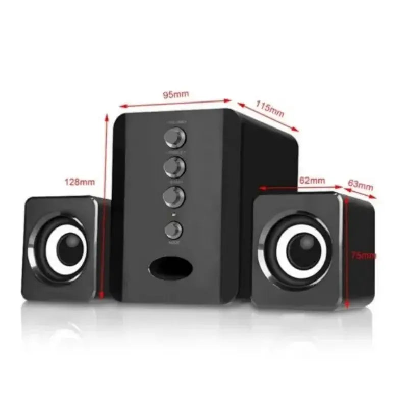 XIKCU USB PC speaker set with two black satellite speakers and central control unit