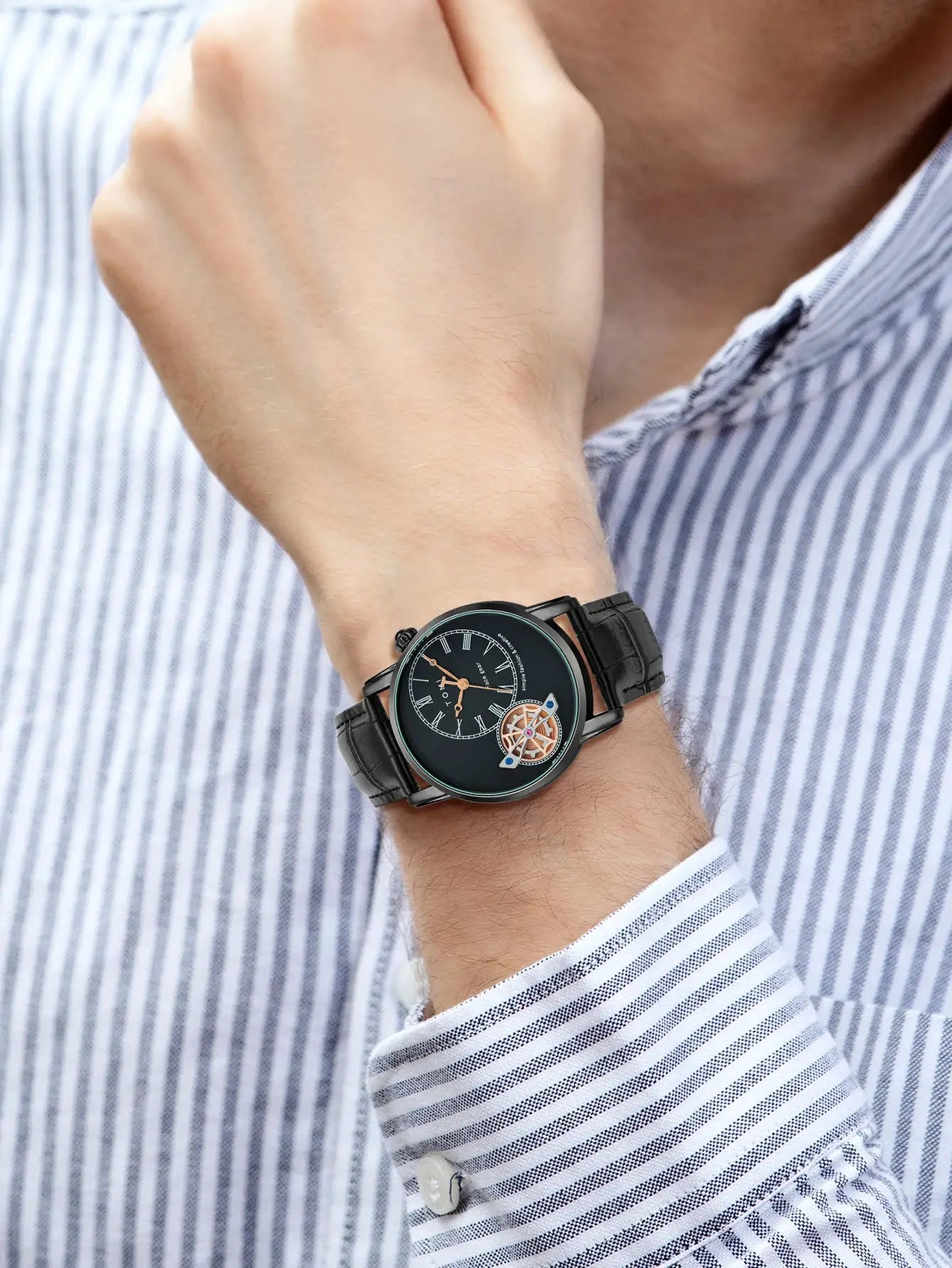 TOMI men's black leather quartz watch with skeleton dial