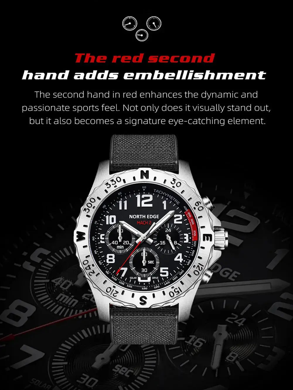 North Edge Mach 2 solar-powered men's watch with 316 stainless steel case, black dial, black strap.